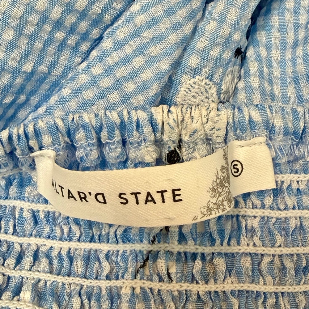 Altar’d State Gingham Daisy Print Embroidered Puff Sleeve Mini Dress. Size Small - Picture 8 of 12